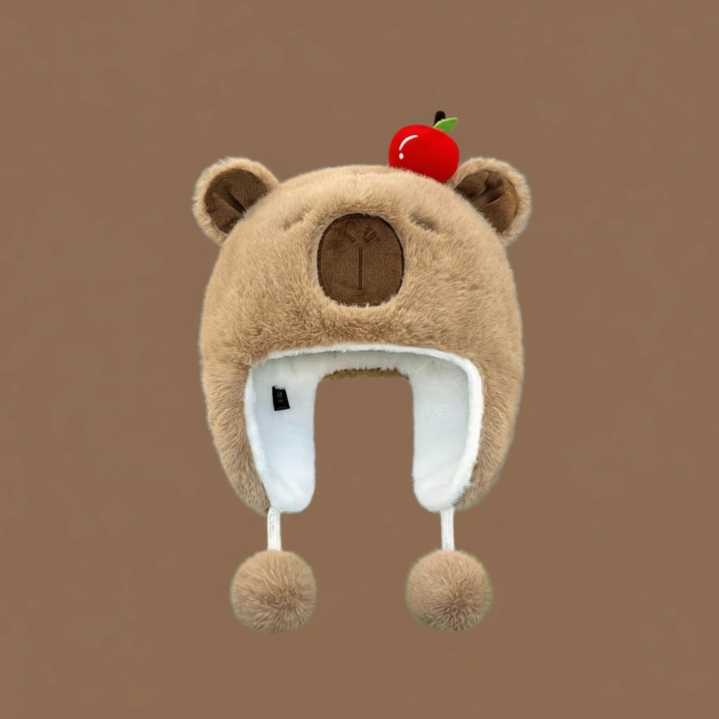 Cute Capybara Plush Hat with Pom Poms