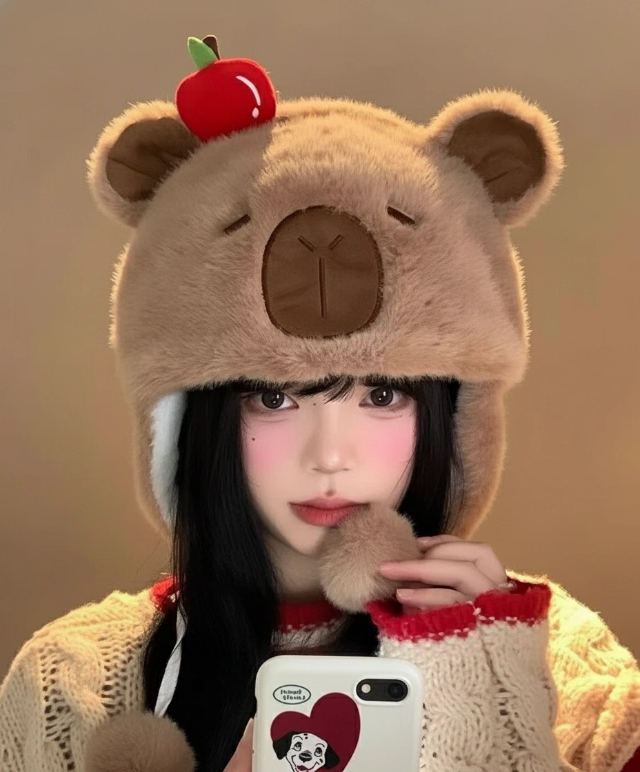 Cute Capybara Plush Hat with Pom Poms