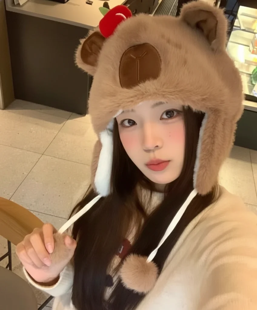 Cute Capybara Plush Hat with Pom Poms