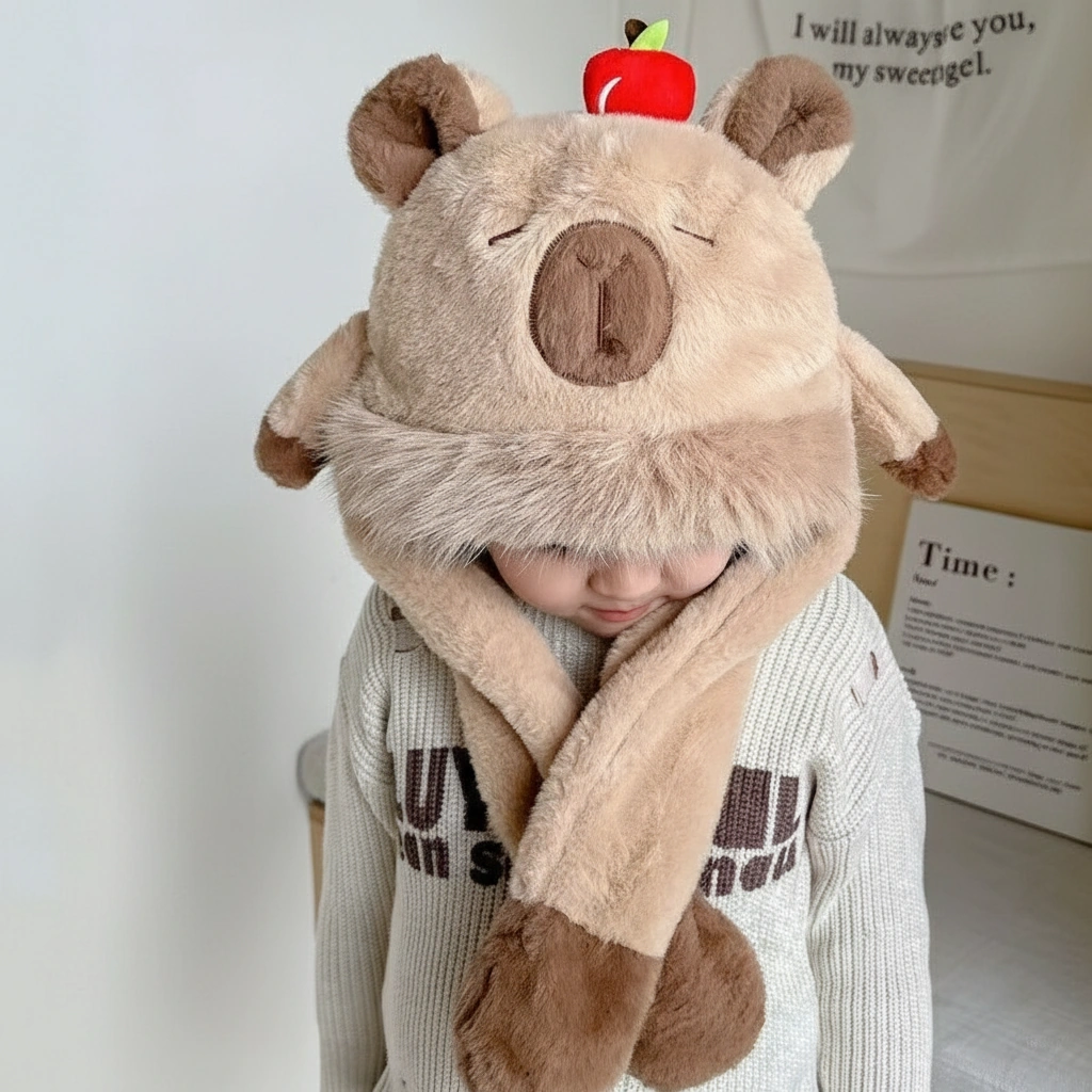 Child wearing a capybara plush hooded scarf