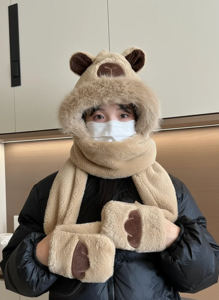 Adult Capybara 3-in-1 Hooded Scarf with Gloves