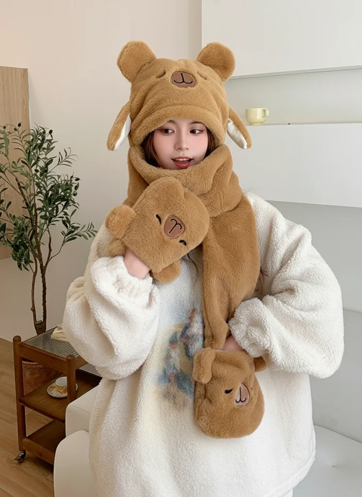 Capybara Plush Hat Scarf & Gloves Set