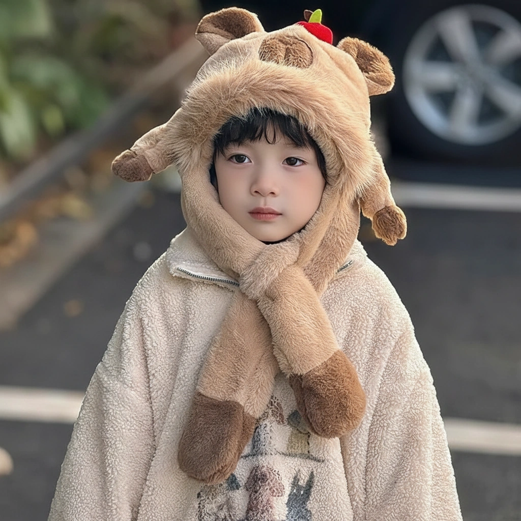 Child wearing a capybara plush hooded scarf