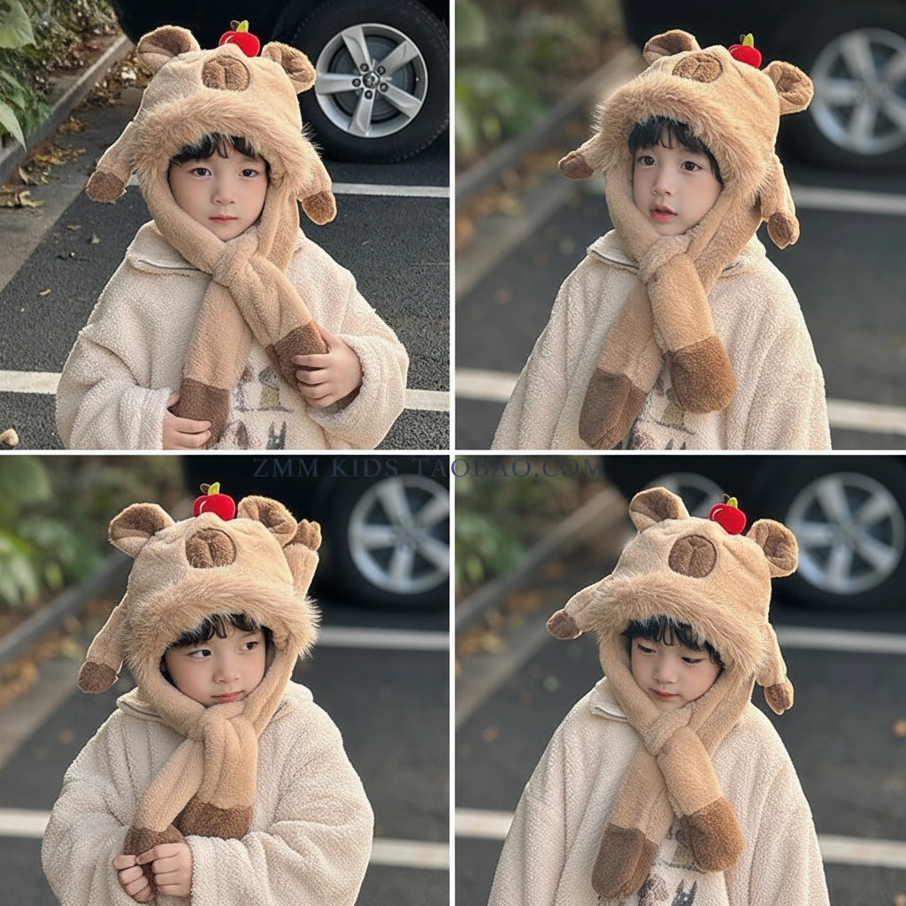 Child wearing a capybara plush hooded scarf