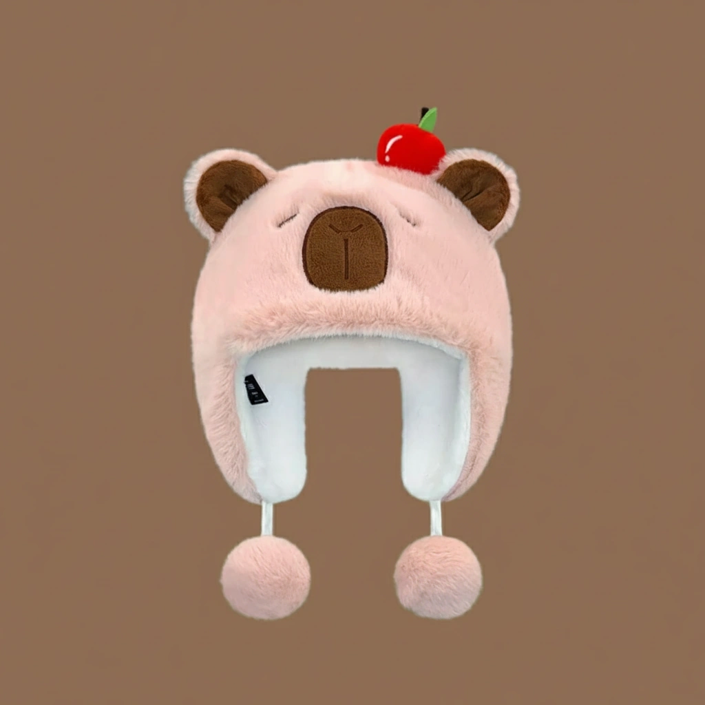 Cute Capybara Plush Hat with Pom Poms