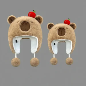 Cute Capybara Plush Hat with Pom Poms