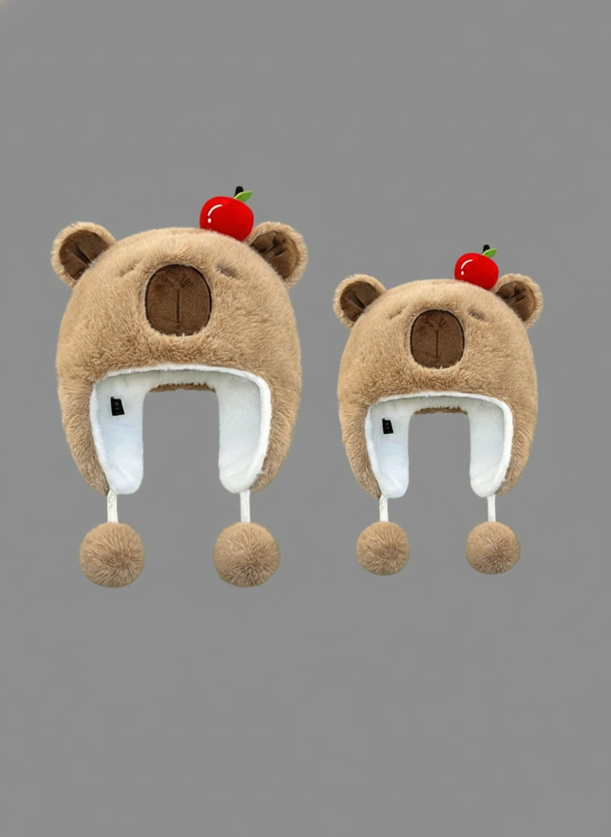 Cute Capybara Plush Hat with Pom Poms