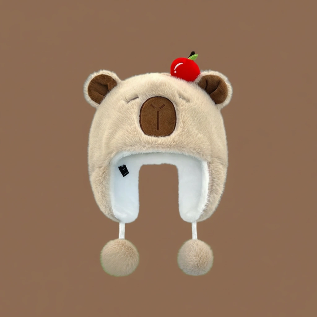 Cute Capybara Plush Hat with Pom Poms