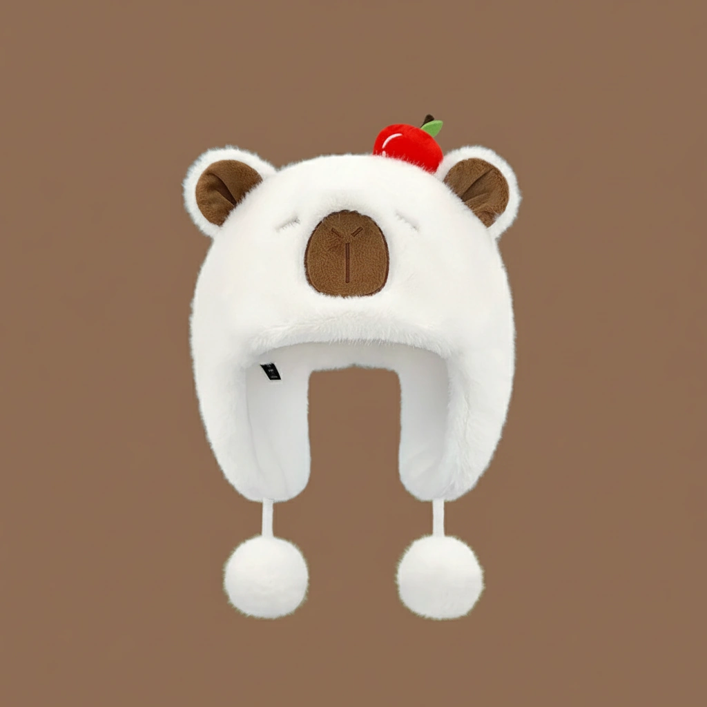 Cute Capybara Plush Hat with Pom Poms