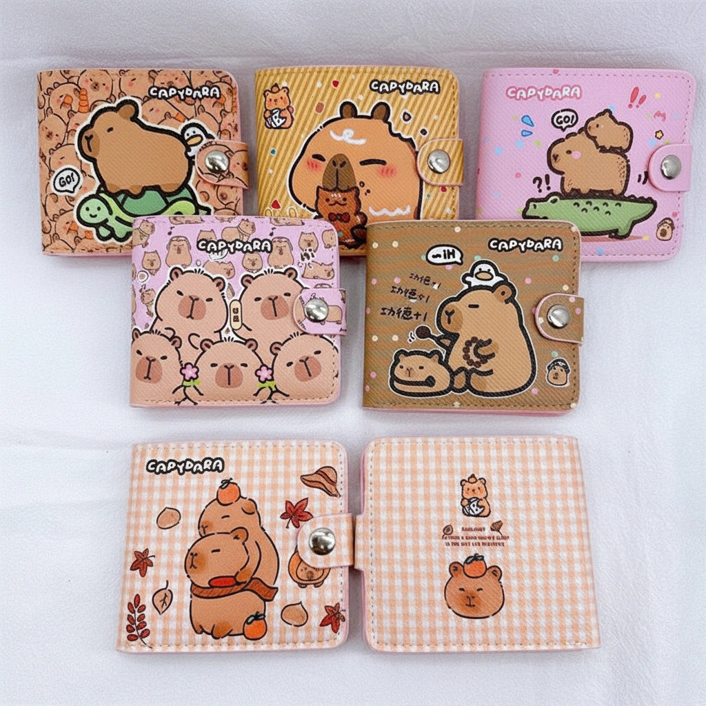 Collection of square bi-fold capybara wallets with snap straps, showing designs of capybaras riding turtles, eating cookies, and tapping wooden fish, with a pink interior view.