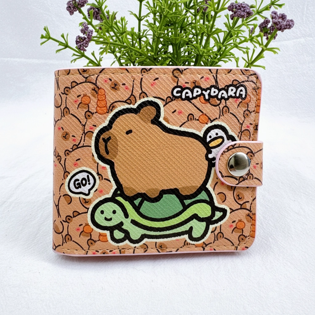 Cute Capybara Snap Wallet – Pastel Bi-Fold Purse with Coin Pouch & Pink Interior. A capybara enjoying a slow and steady ride on a friendly sea turtle.