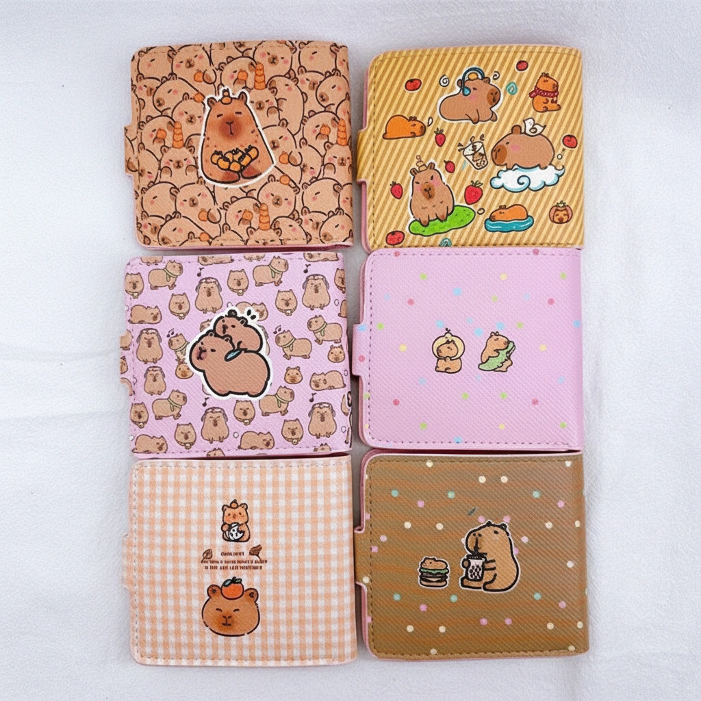 Collection of square bi-fold capybara wallets with snap straps, now featuring a new "Lucky Flower Squad" pink design alongside turtle rider and cookie eater styles.
