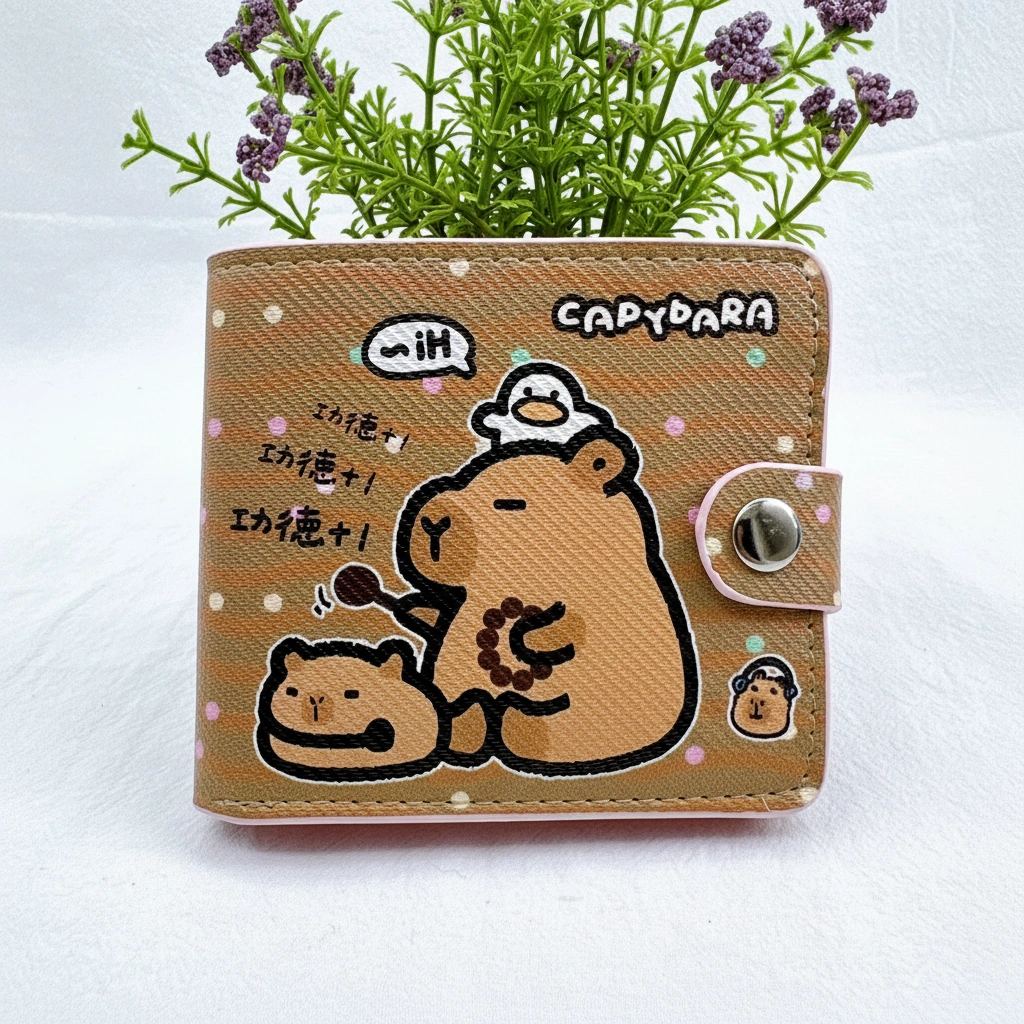 Cute Capybara Snap Wallet – Pastel Bi-Fold Purse with Coin Pouch & Pink Interior. A "zen" capybara tapping a wooden fish (muyu) to accumulate good merit, featuring a funny "Merit +1" theme.