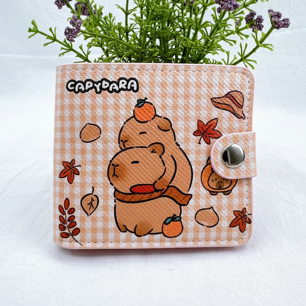 Cute Capybara Snap Wallet – Pastel Bi-Fold Purse with Coin Pouch & Pink Interior. A warm, orange gingham design featuring a capybara wearing a scarf and balancing a persimmon.