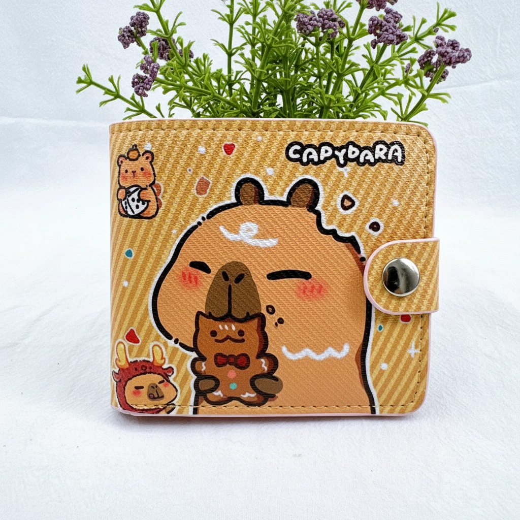 Cute Capybara Snap Wallet – Pastel Bi-Fold Purse with Coin Pouch & Pink Interior. A hungry capybara munching on a gingerbread man, set against a yellow striped background.