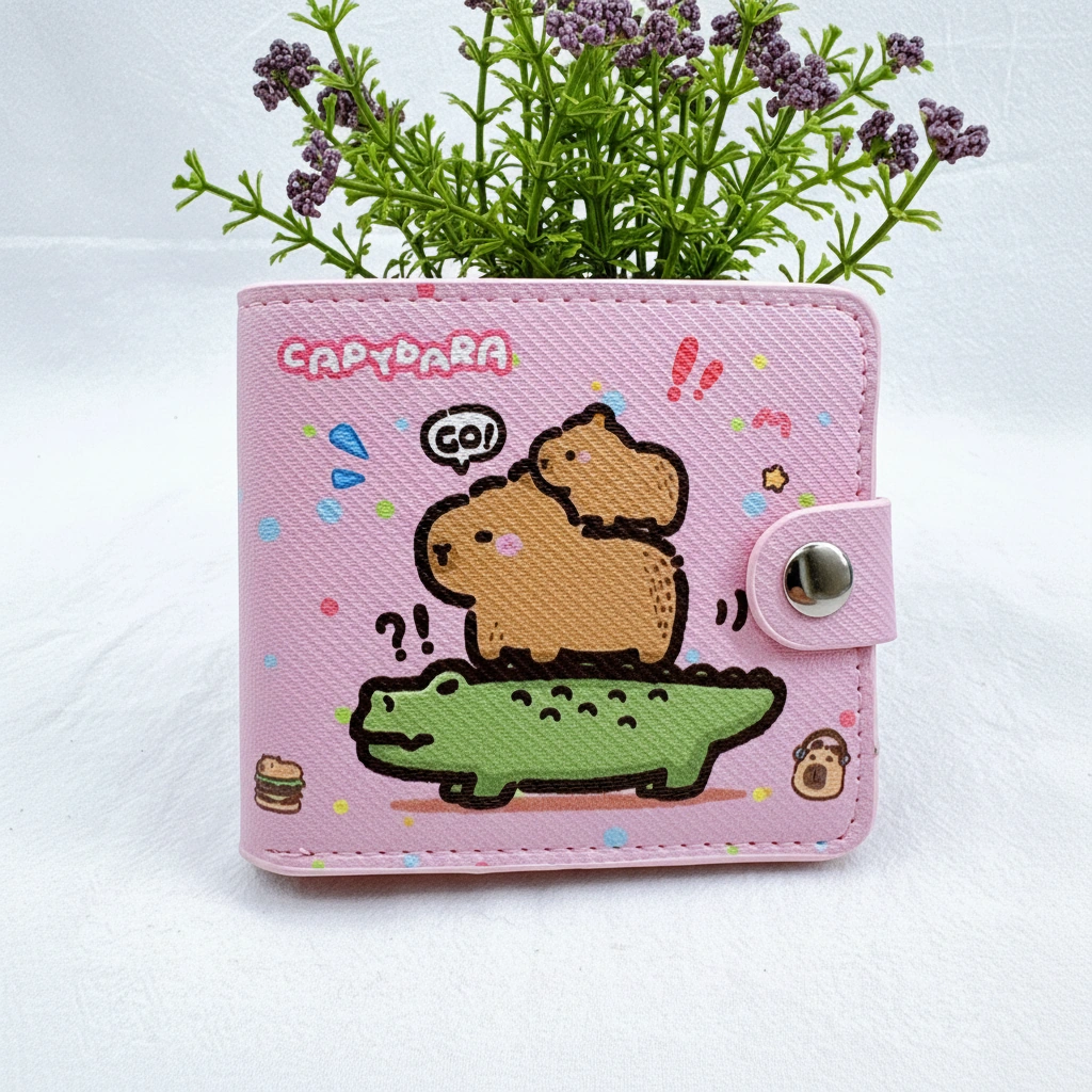 Cute Capybara Snap Wallet – Pastel Bi-Fold Purse with Coin Pouch & Pink Interior. A playful scene of a capybara and its baby riding a crocodile, set on a pink background.