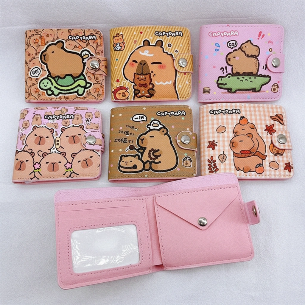 Collection of square bi-fold capybara wallets with snap straps, now featuring a new "Lucky Flower Squad" pink design alongside turtle rider and cookie eater styles.