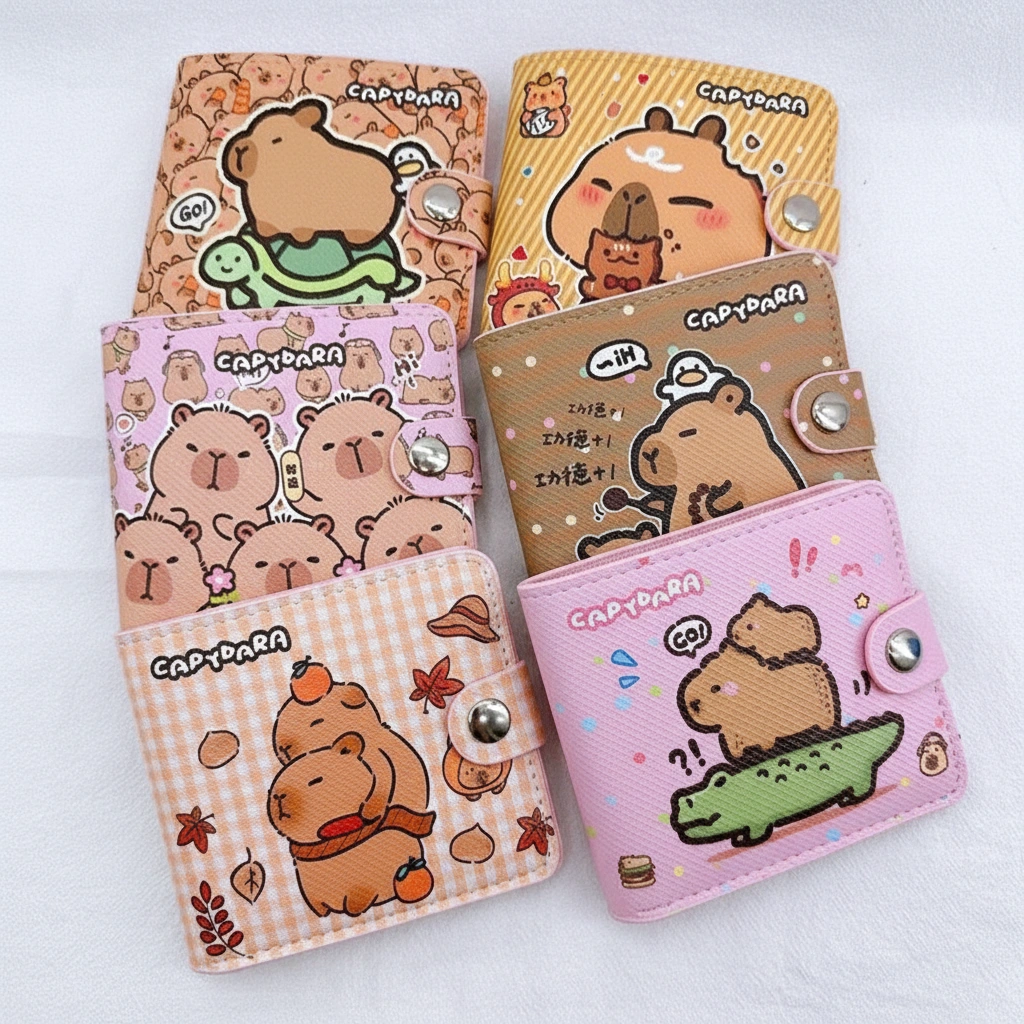 Collection of square bi-fold capybara wallets with snap straps, now featuring a new "Lucky Flower Squad" pink design alongside turtle rider and cookie eater styles.