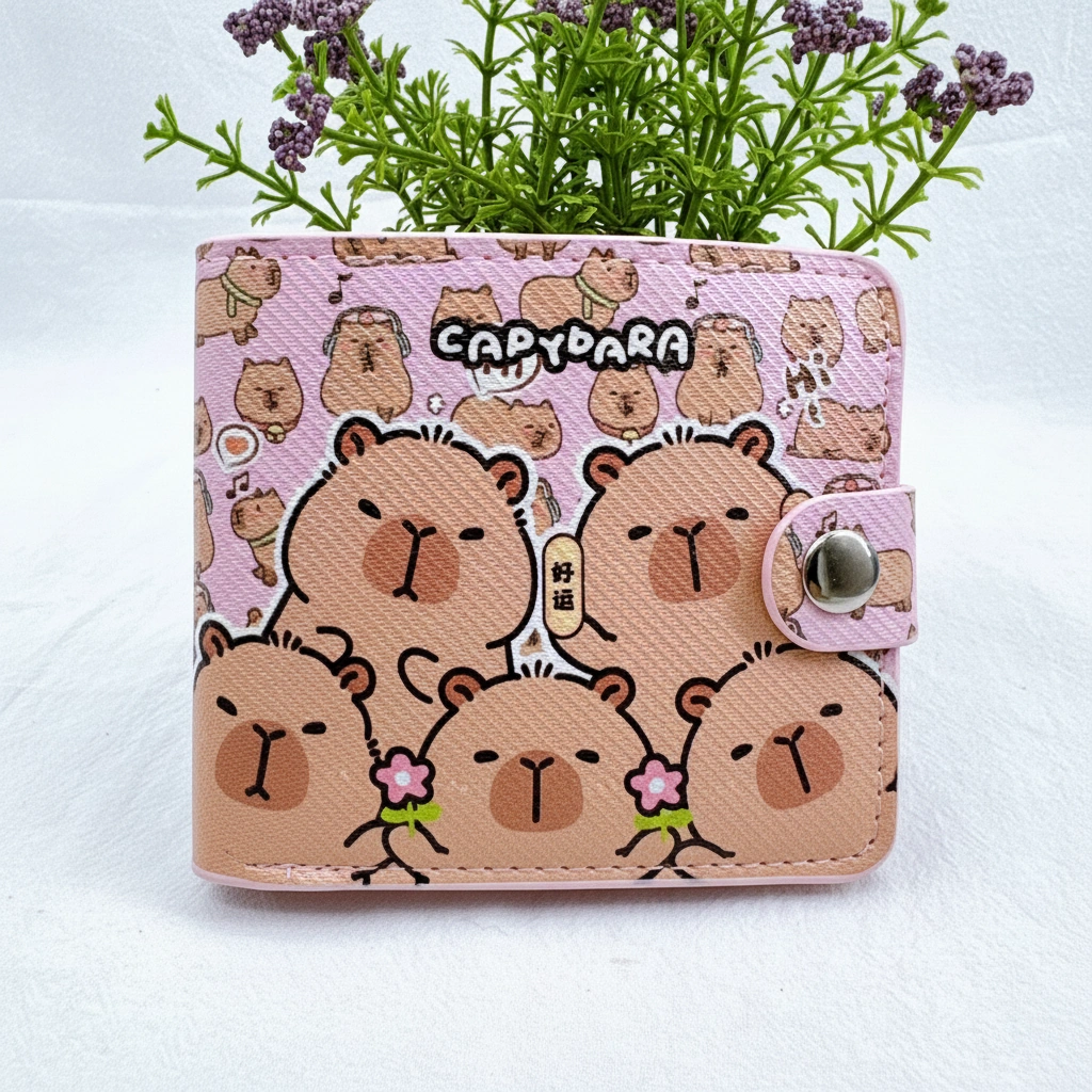 Cute Capybara Snap Wallet – Pastel Bi-Fold Purse with Coin Pouch & Pink Interior. A cheerful pink design featuring a group of capybaras holding pink flowers and a "Good Luck" charm, set against a patterned background of mini capys.