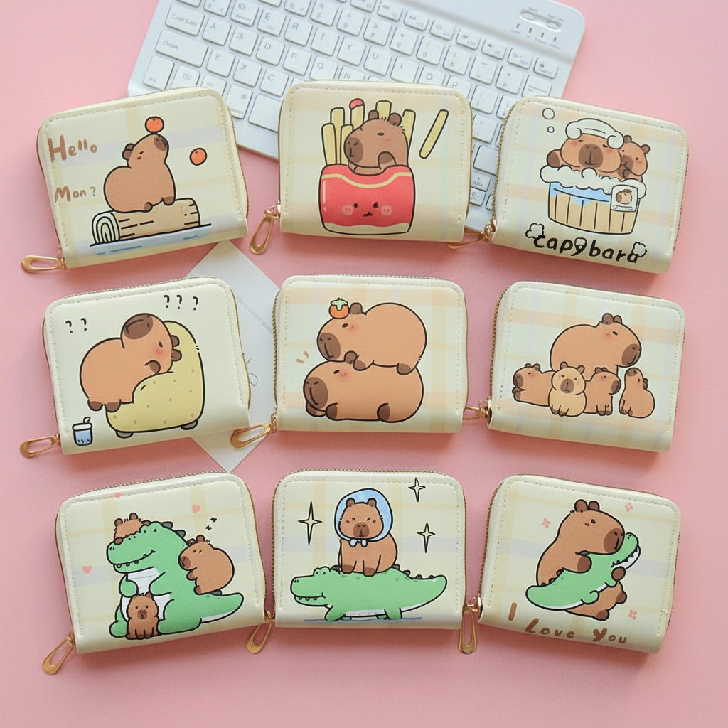 Cream-colored square zip wallet featuring a cartoon illustration of a capybara sitting in a red french fry container, displayed on a pink surface with a keyboard in the background.