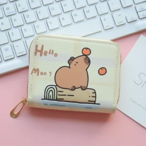 Capybara Cream Zip Wallet – Illustrated Coin Purse with Gold Zipper
