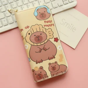 Capybara Creamy Yellow Long Wallet – Zip-Around Clutch with Positive Quotes