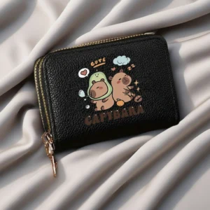 Double-zipper accordion wallet featuring a cartoon capybara in an avocado costume