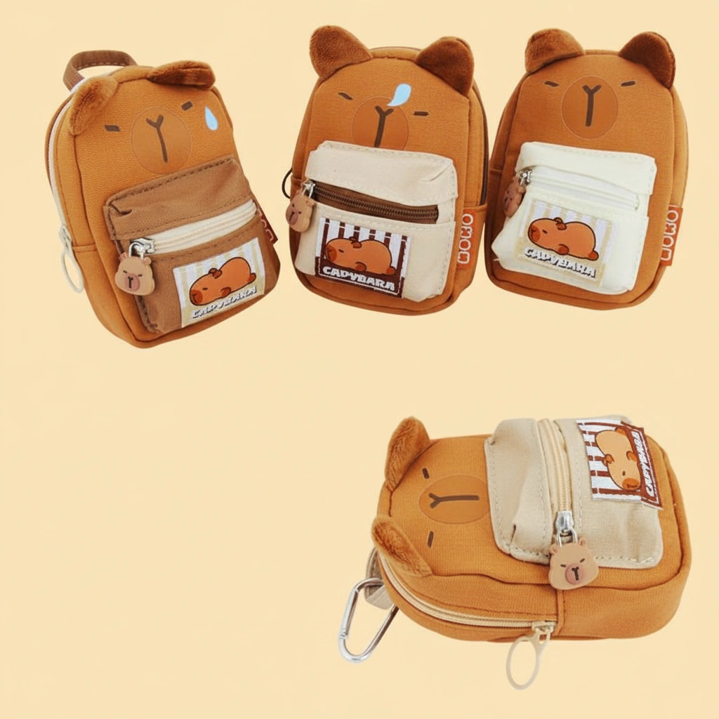 Canvas capybara mini backpack pouch with plush ears and carabiner clip, available in 4 different facial expression styles.