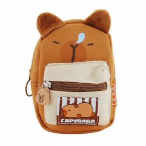 Canvas capybara mini backpack pouch with plush ears and carabiner clip