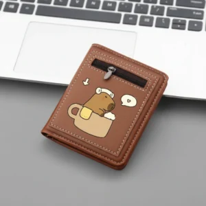 Brown bi-fold faux leather wallet featuring a capybara slipping on a banana peel and other designs, with a front zipper coin pocket and white stitching details.