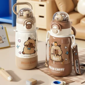 Two cute 400ml capybara water bottles in brown and white standing next to each other, featuring 3D figurine lids, carrying straps, and a detachable bottom cup design.