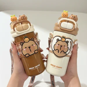 Two insulated capybara water bottles in Caramel Brown and Cream White, featuring 316 stainless steel interiors, "Hello Cappy" sleeves, and 3D capybara lids.