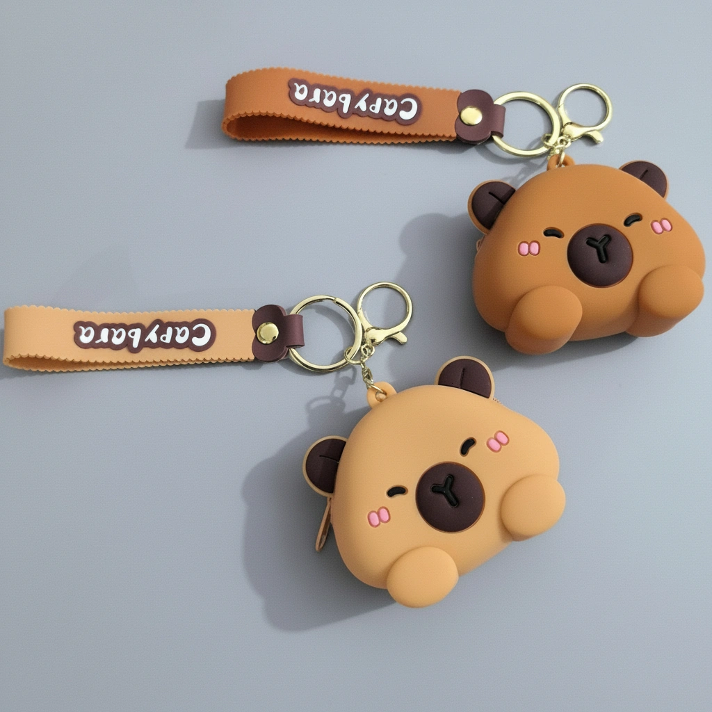 Silicone capybara-shaped earbud case and coin purse in tan and brown, featuring a wrist strap and shown holding white wireless earphones.