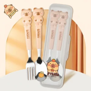 Capybara Kids Cutlery Set - Stainless Steel Fork & Spoon with Travel Case