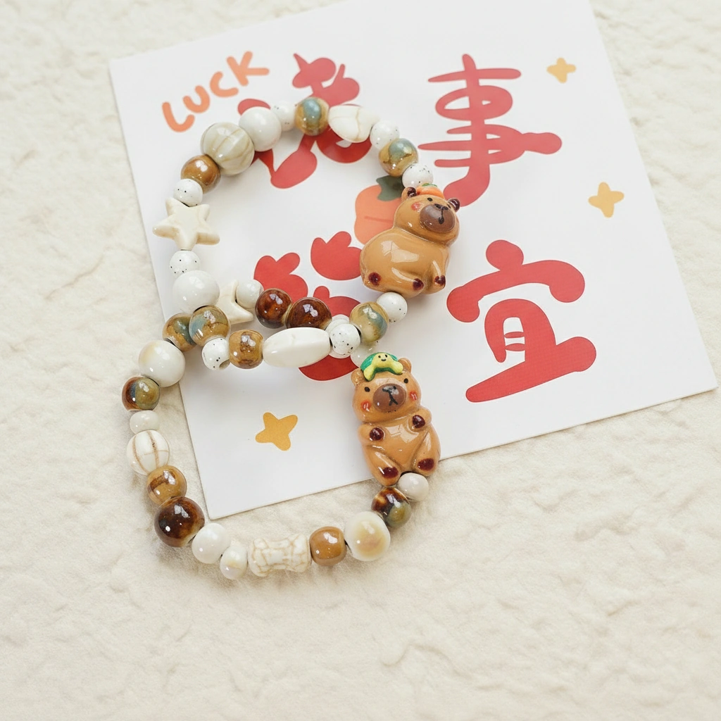 Two styles of elastic beaded bracelets featuring ceramic capybara charms, one with a persimmon on its head and one with a green frog, strung with star and bone-shaped beads in creamy earth tones.