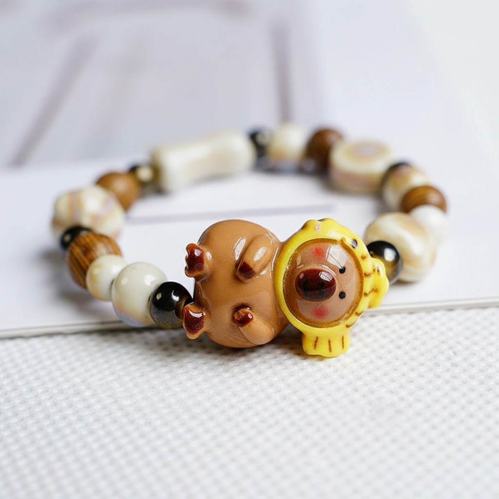 Beaded elastic bracelet featuring a capybara charm wearing a yellow Taiyaki fish hood, strung with brown wood-grain and cream ceramic beads.