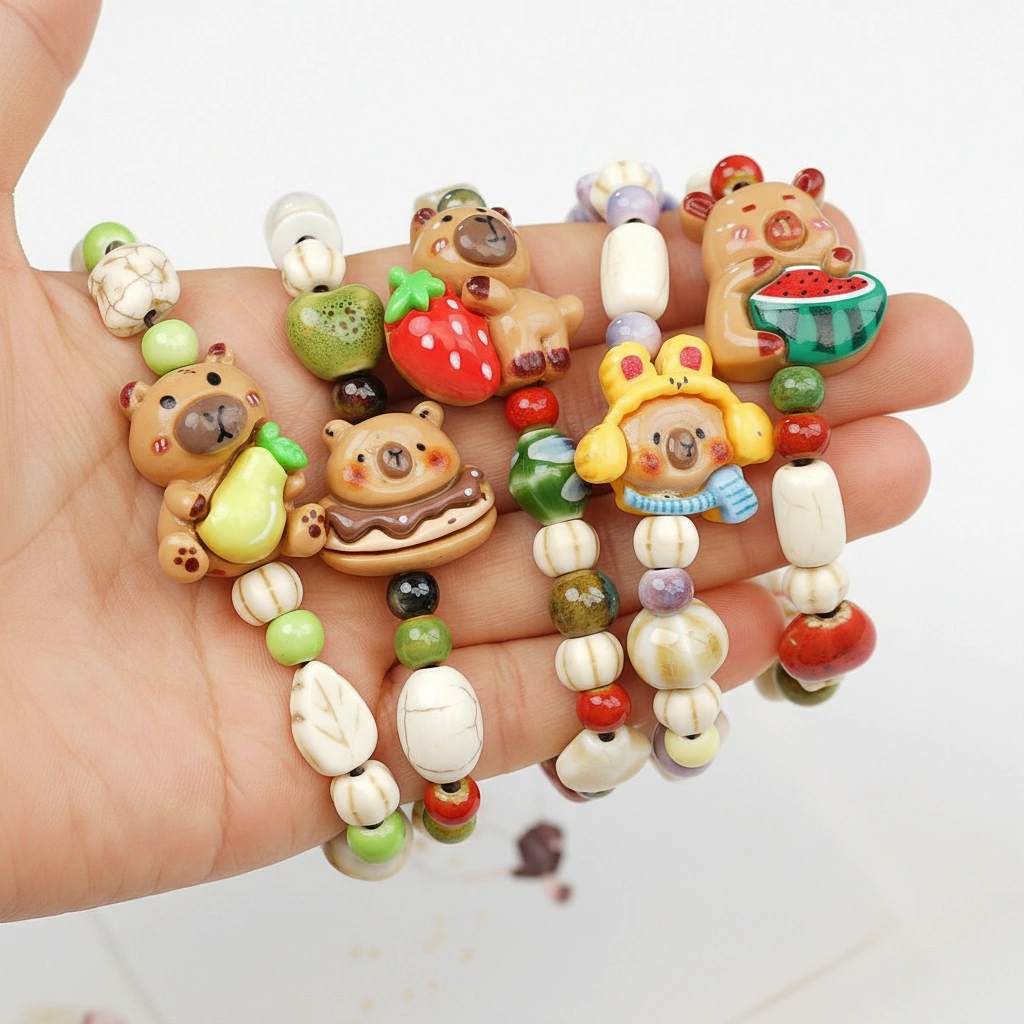 Set of six elastic bracelets featuring capybara charms holding watermelon, strawberry, burger, peach, and pear, strung with artistic bone and leaf-shaped beads.