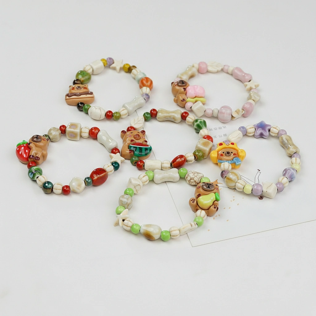 Set of six elastic bracelets featuring capybara charms holding watermelon, strawberry, burger, peach, and pear, strung with artistic bone and leaf-shaped beads.