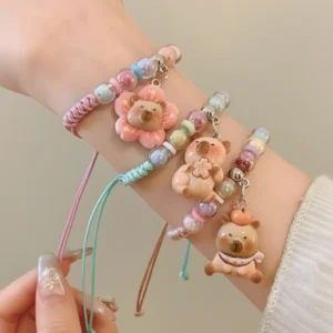 Capybara Woven Rope Bracelet with Iridescent Acrylic Beads & Alloy Charm