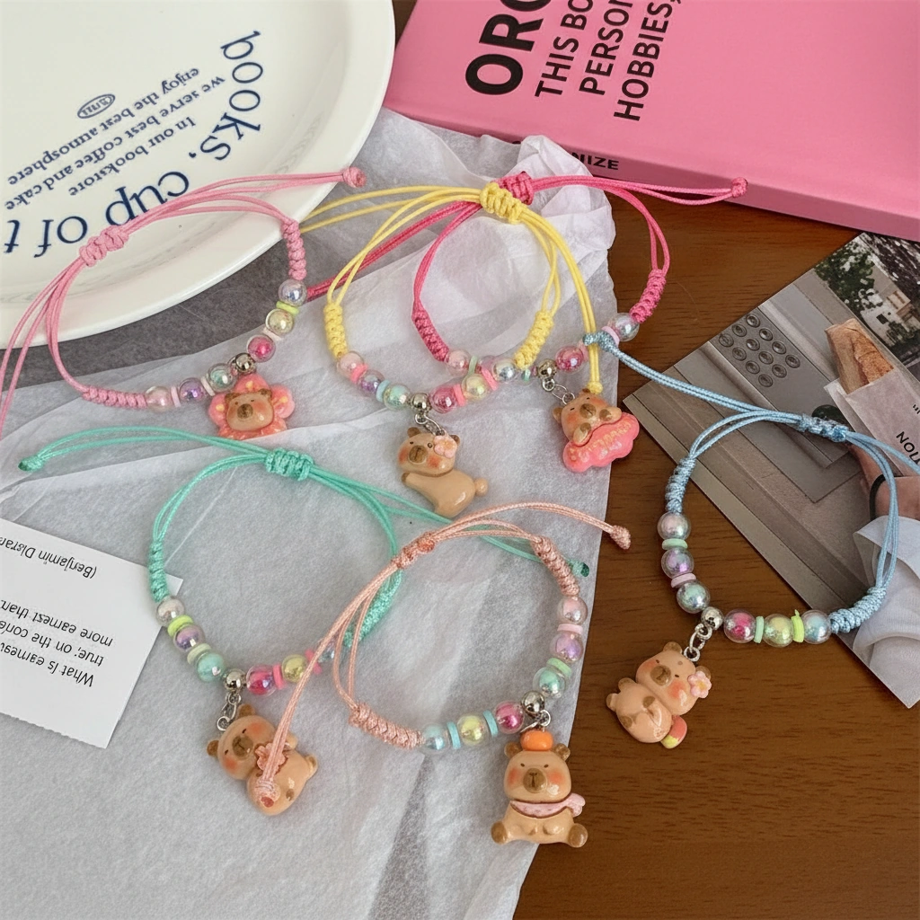Display of six pastel woven rope bracelets in pink, blue, yellow, and green, each featuring a dangling capybara charm and shimmering iridescent acrylic beads.