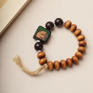 Thuja Wood Capybara Square Charm Bracelet - Natural Cotton Cord Tassel