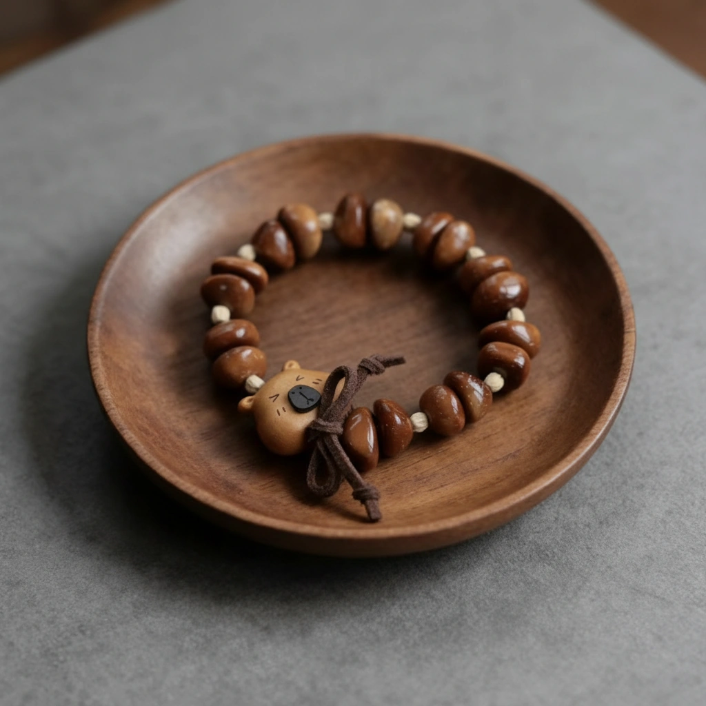 Hand-Carved Capybara Peach Wood Bracelet with Natural Kuka Nut Beads