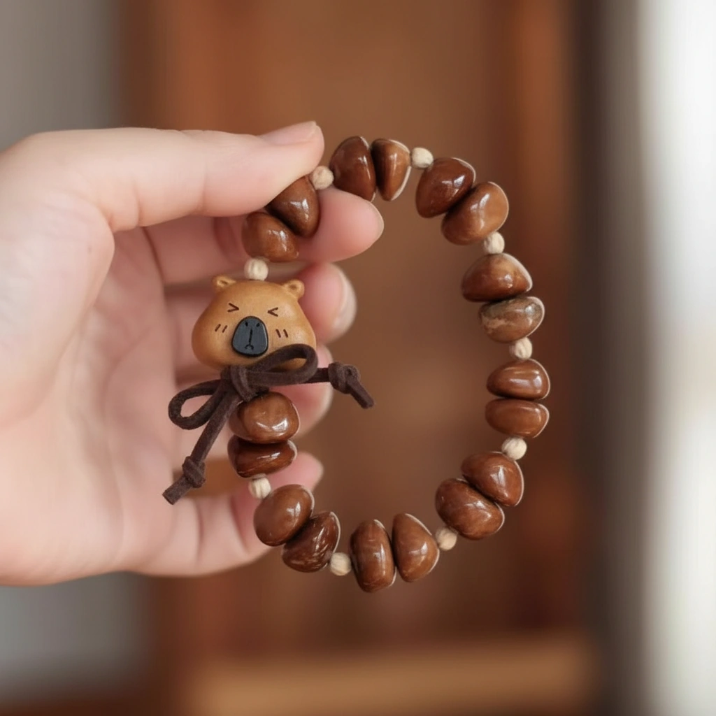 Hand-Carved Capybara Peach Wood Bracelet with Natural Kuka Nut Beads