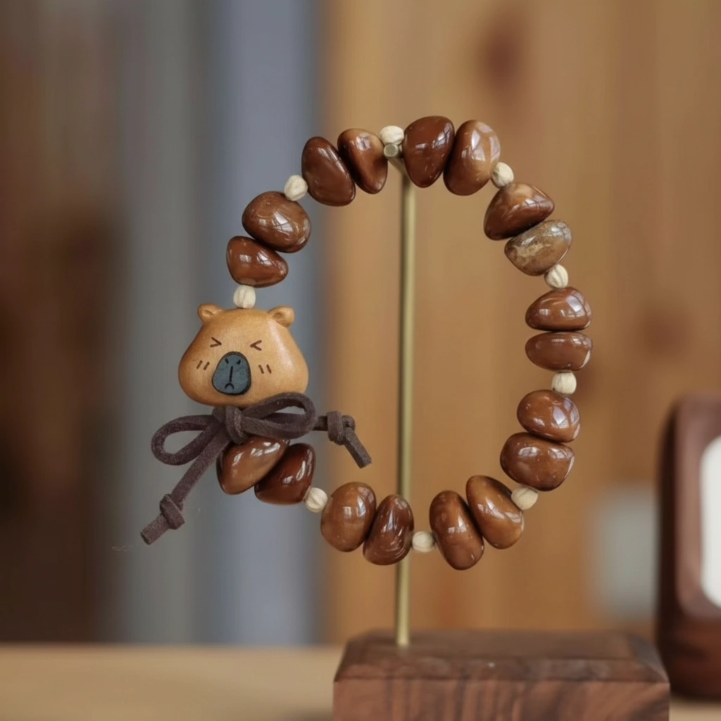 Rustic bracelet featuring a carved wooden capybara head with a bow, strung with brown coffee-bean shaped Kuka nut beads on a wooden stand.