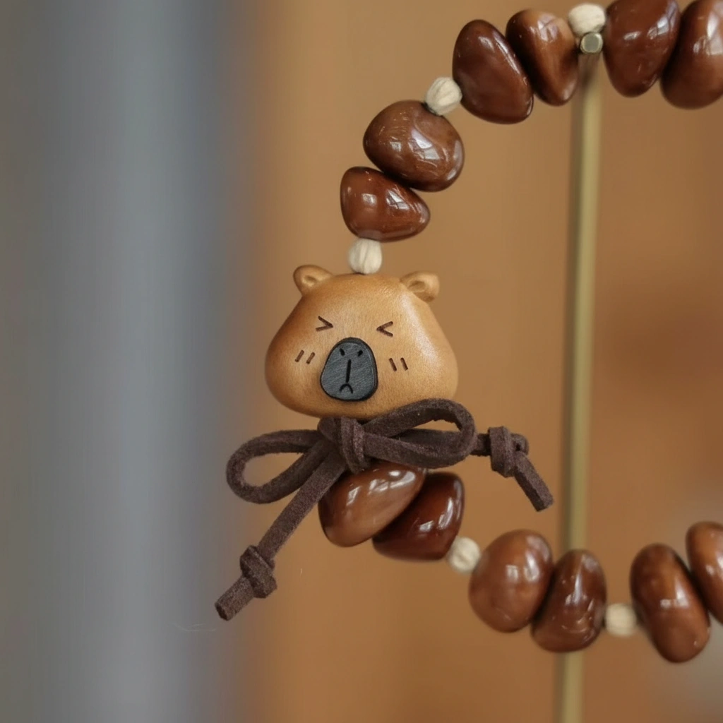 Hand-Carved Capybara Peach Wood Bracelet with Natural Kuka Nut Beads