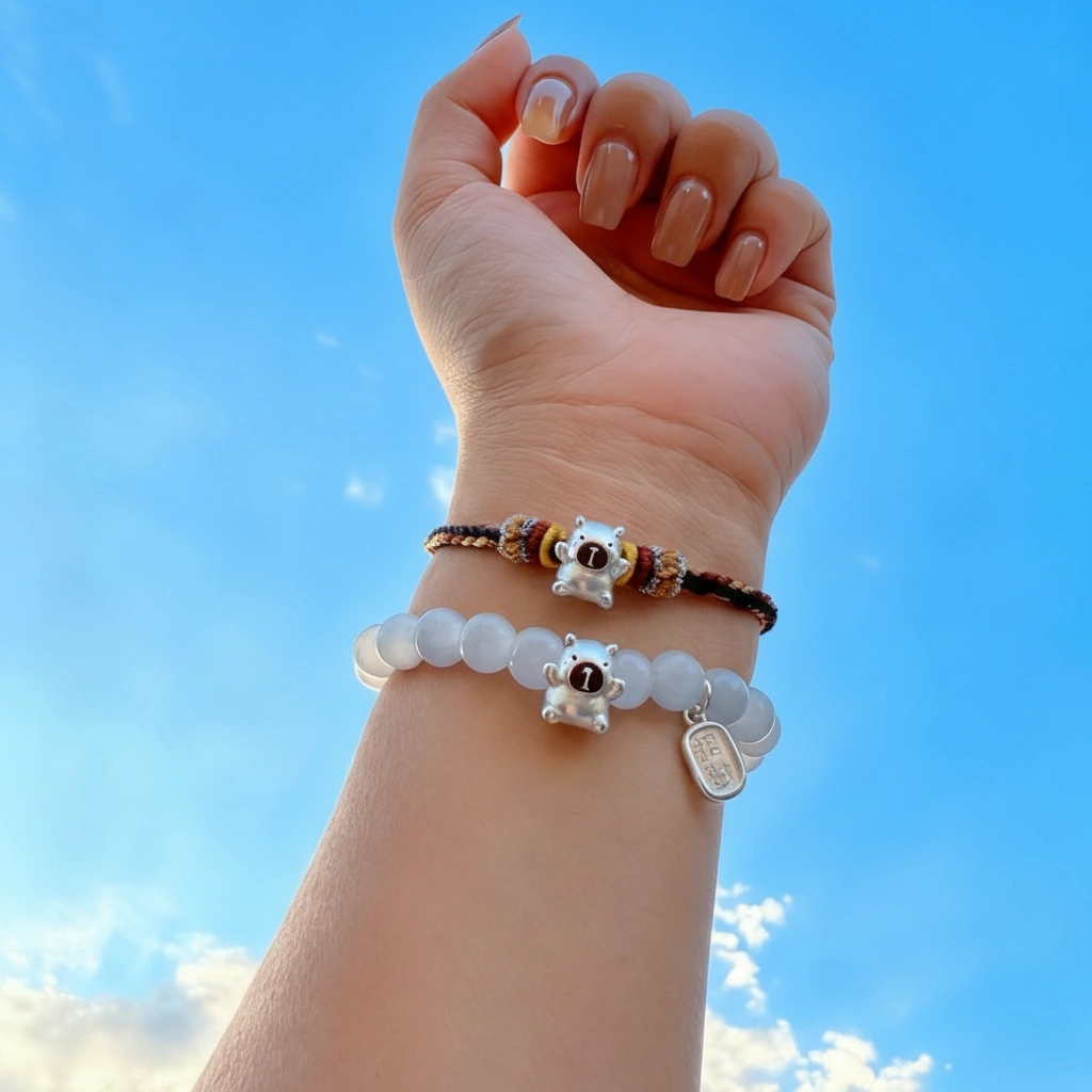 Two styles of bracelets featuring a 999 fine silver capybara charm: one with white shimmering cat's eye beads and a wealth tag, and one with black and brown braided rope.
