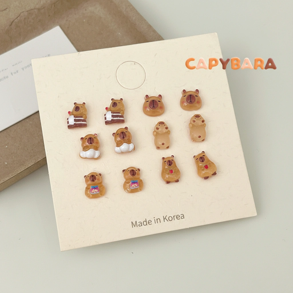 A collection of six pairs of mini capybara stud earrings featuring a capybara sleeping, wearing pajamas, bathing, and eating snacks.