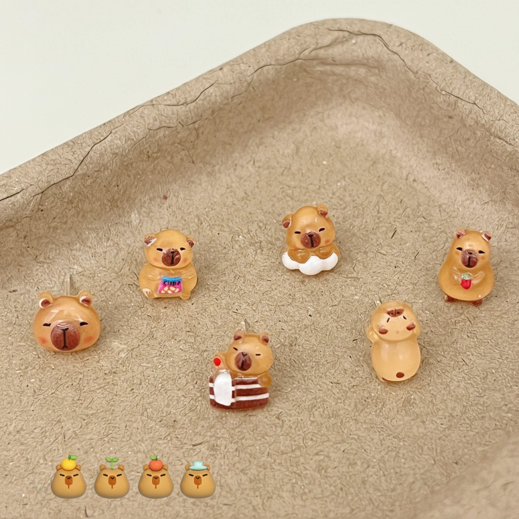 A collection of six pairs of mini capybara stud earrings featuring a capybara sleeping, wearing pajamas, bathing, and eating snacks.