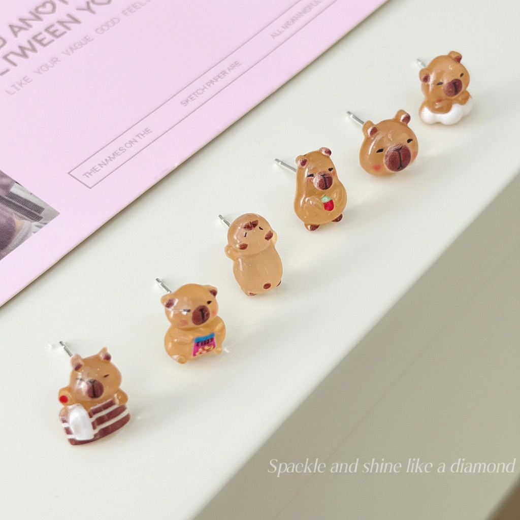 A collection of six pairs of mini capybara stud earrings featuring a capybara sleeping, wearing pajamas, bathing, and eating snacks.