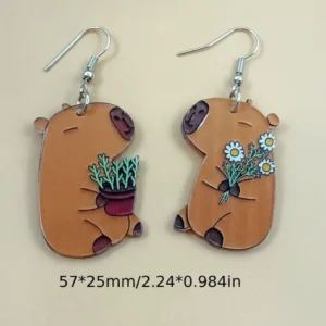 A pair of asymmetric acrylic dangle earrings featuring one capybara holding a flower and one classic capybara, measuring 57mm in height.